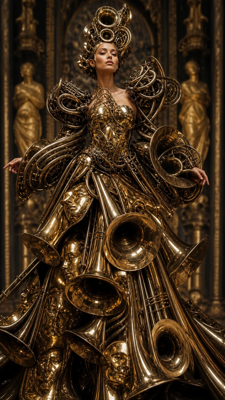 Vestido de alta costura surreal esculpido con instrumentos de metal