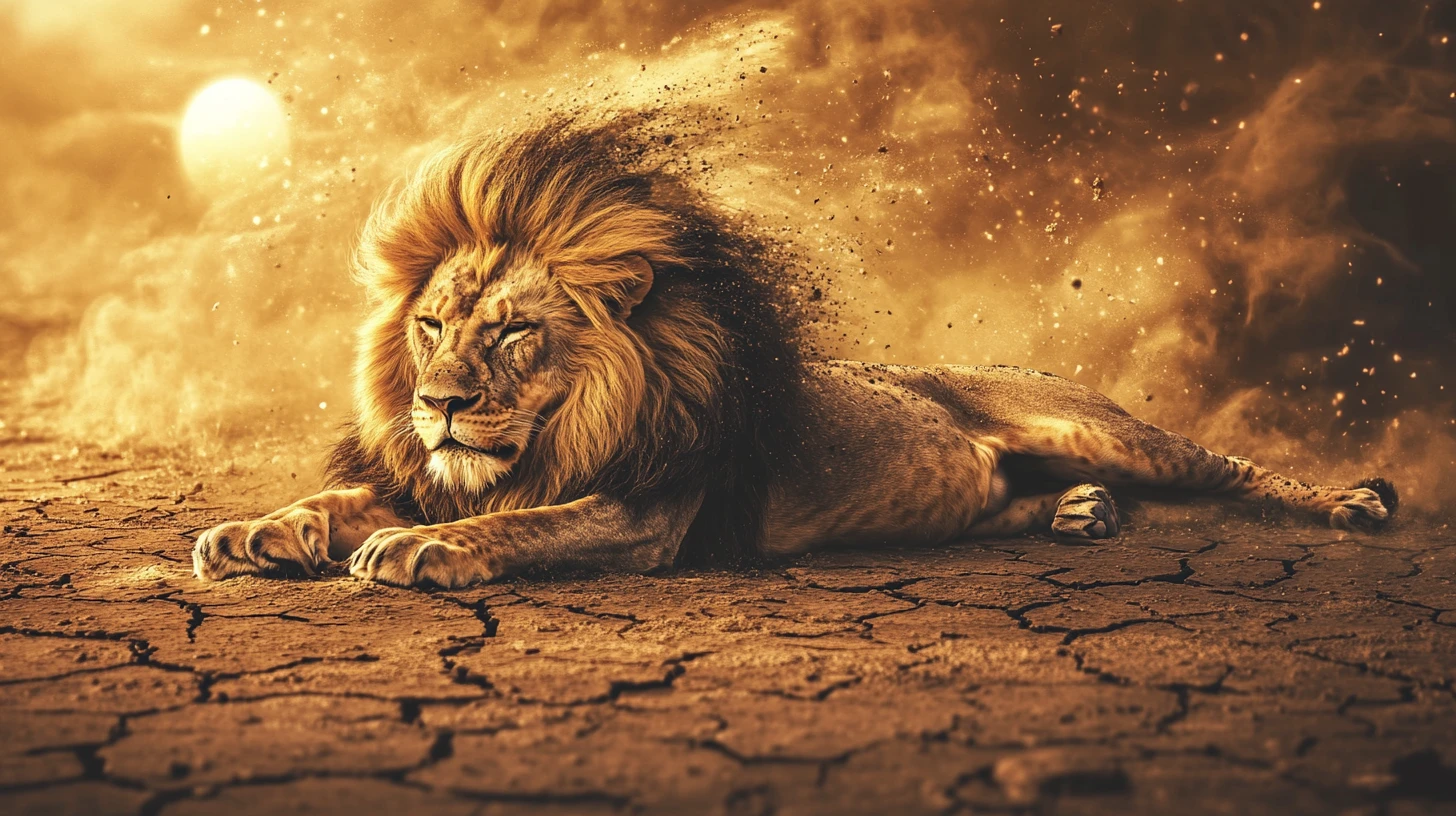León Disolviéndose en Cenizas sobre Suelo Agrietado