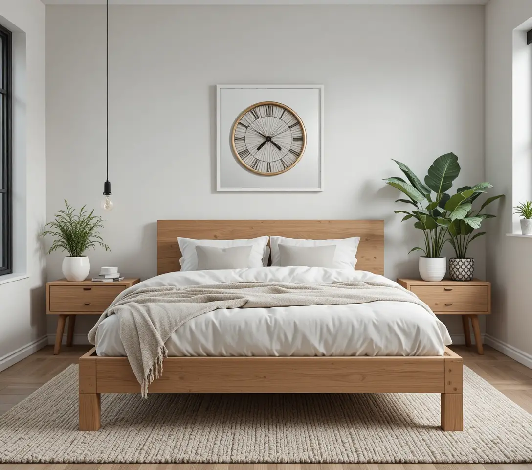 Chambre scandinave avec lit en chêne et plantes d’intérieur