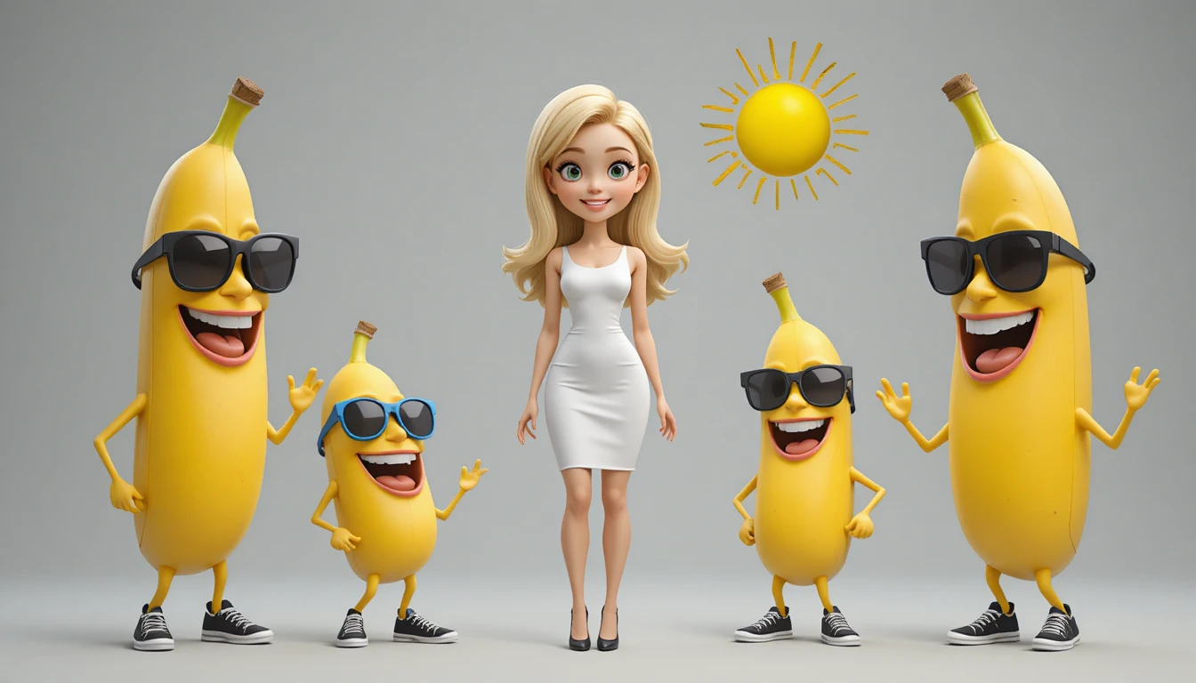 Garota divertida com bananas em desenho animado em cena de estúdio 3D