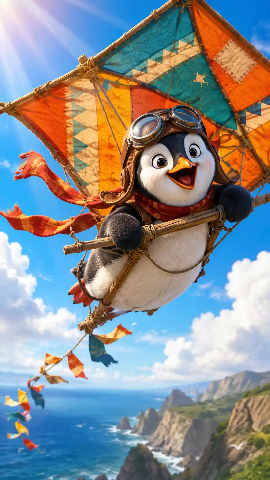 Joyful penguin soaring on a colorful childrens kite