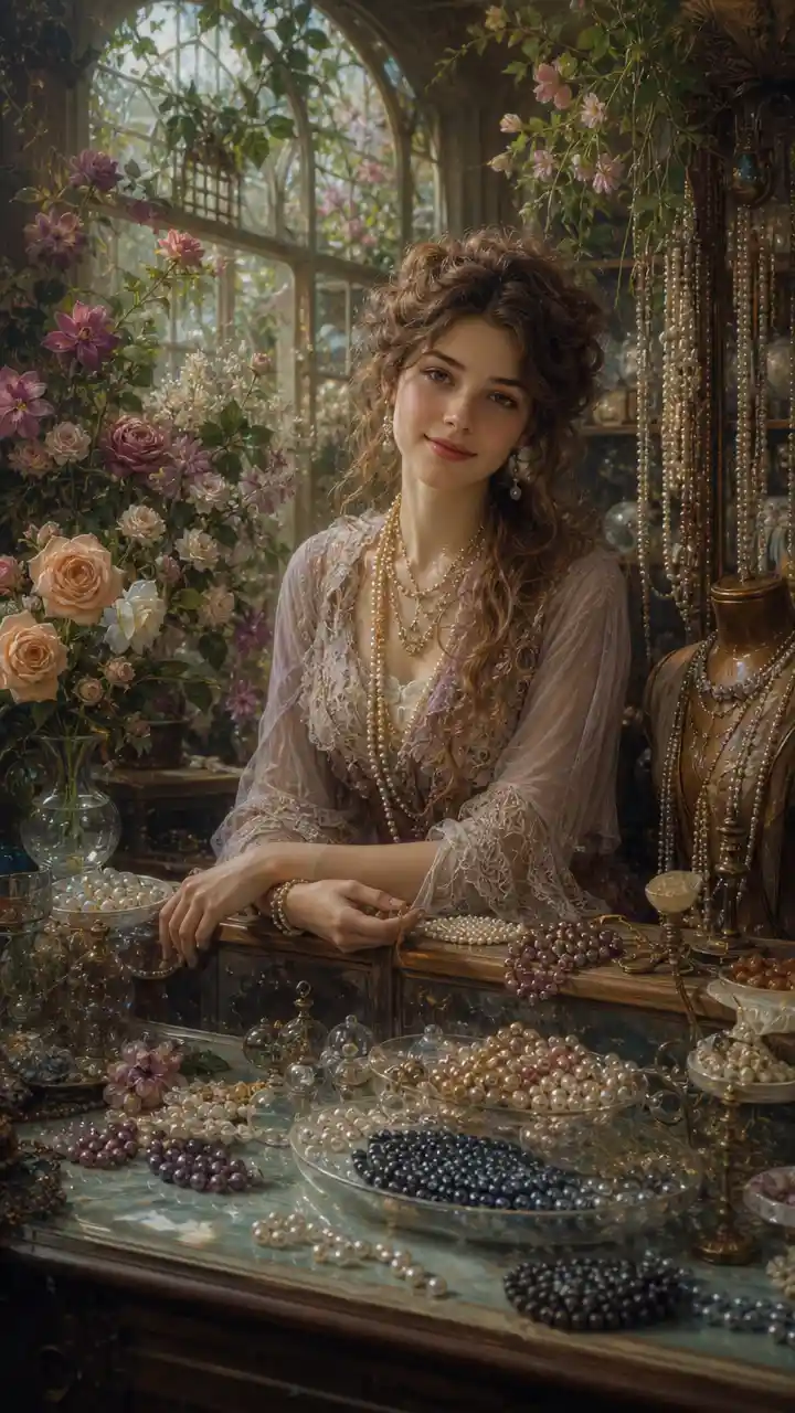 Woman in a cozy pearl shop with flowers and plants
