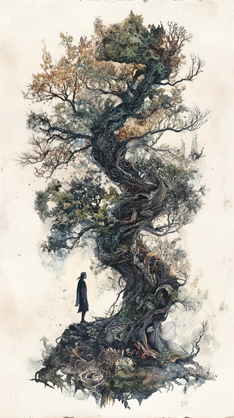 Elfo davanti a un albero antico in un mondo onirico
