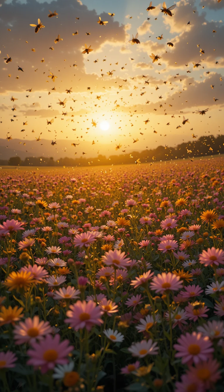 Bunte Blumenwiese im Sonnenaufgang in unheimlicher Stille