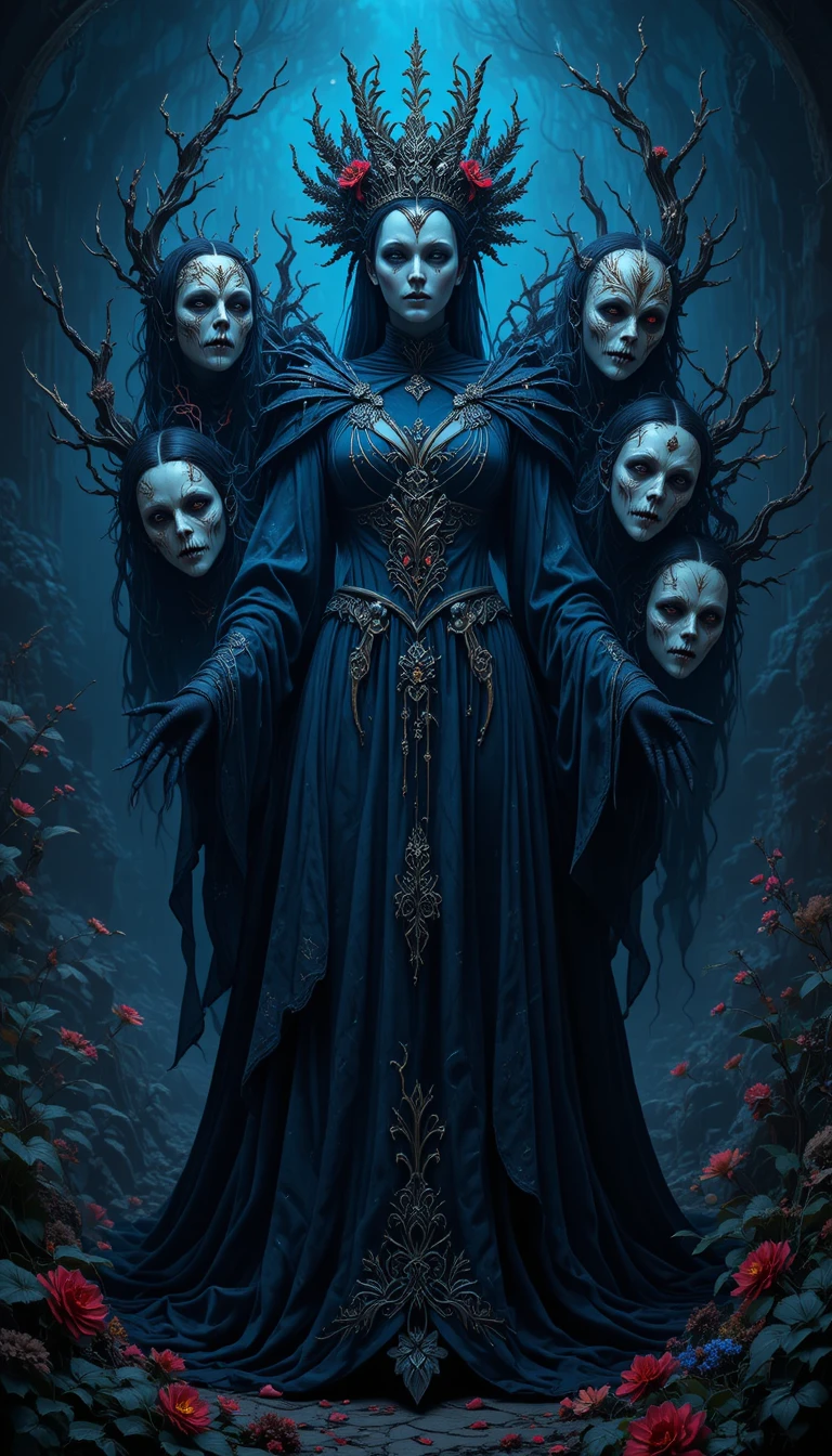 Reine masquée et inquiétante devant un fond de fantasy bleu sombre