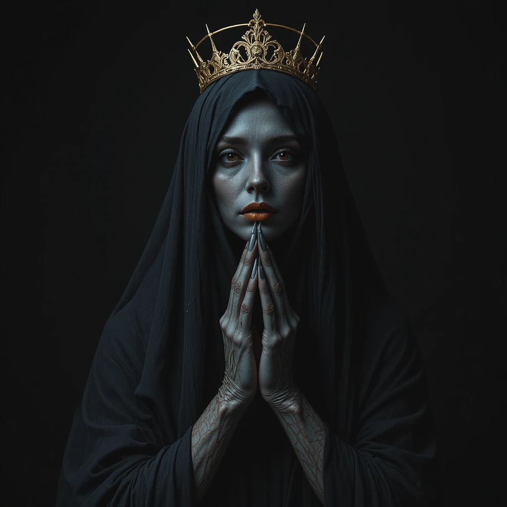 Mulher velada e sem rosto com coroa dourada e garras