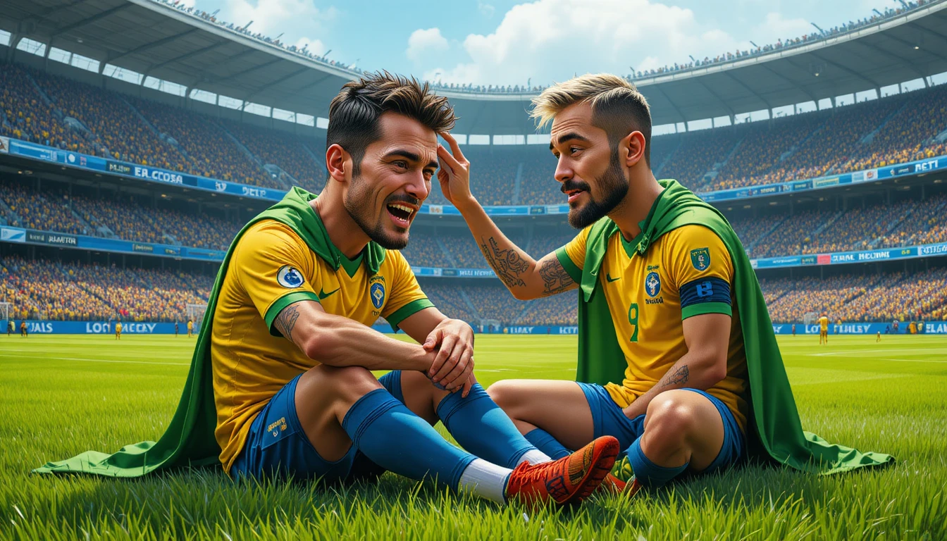 Weinender brasilianischer Fußballer wird auf dem Spielfeld von Mitspieler getröstet