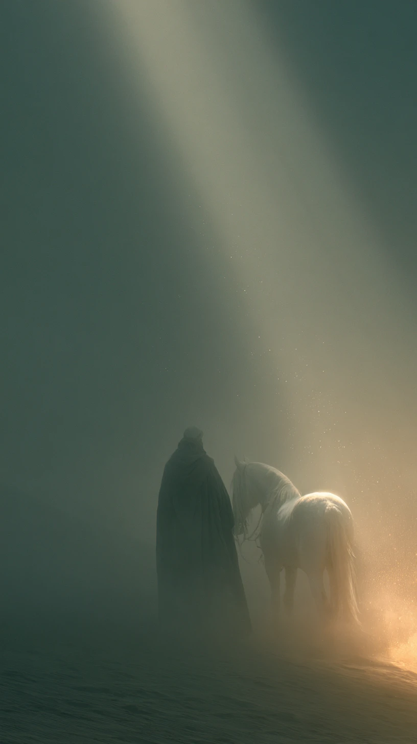 Cavaleiro muçulmano com cavalo branco em luz cinematográfica enevoada