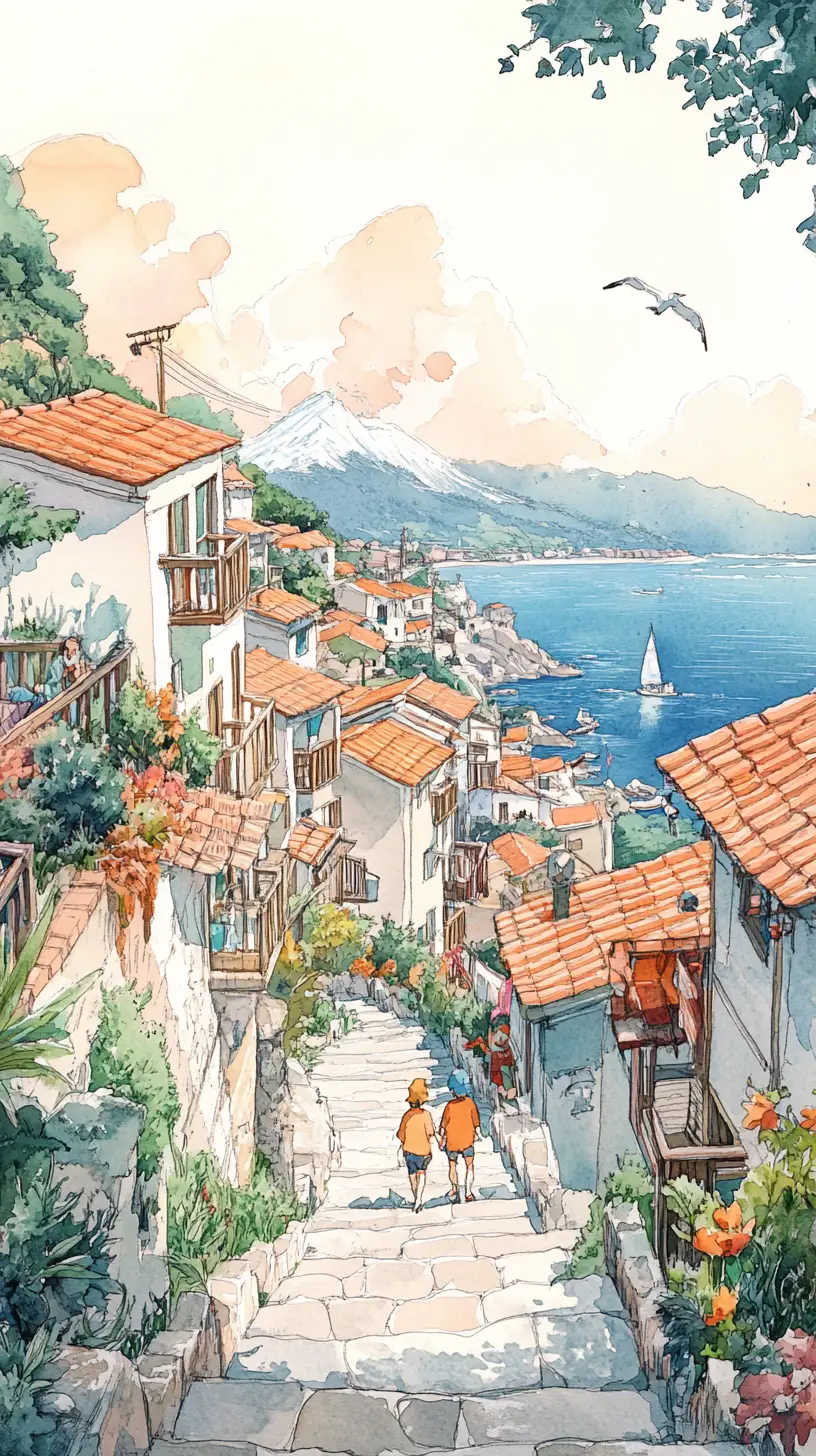 Watercolor hillside village path leading to a calm sea