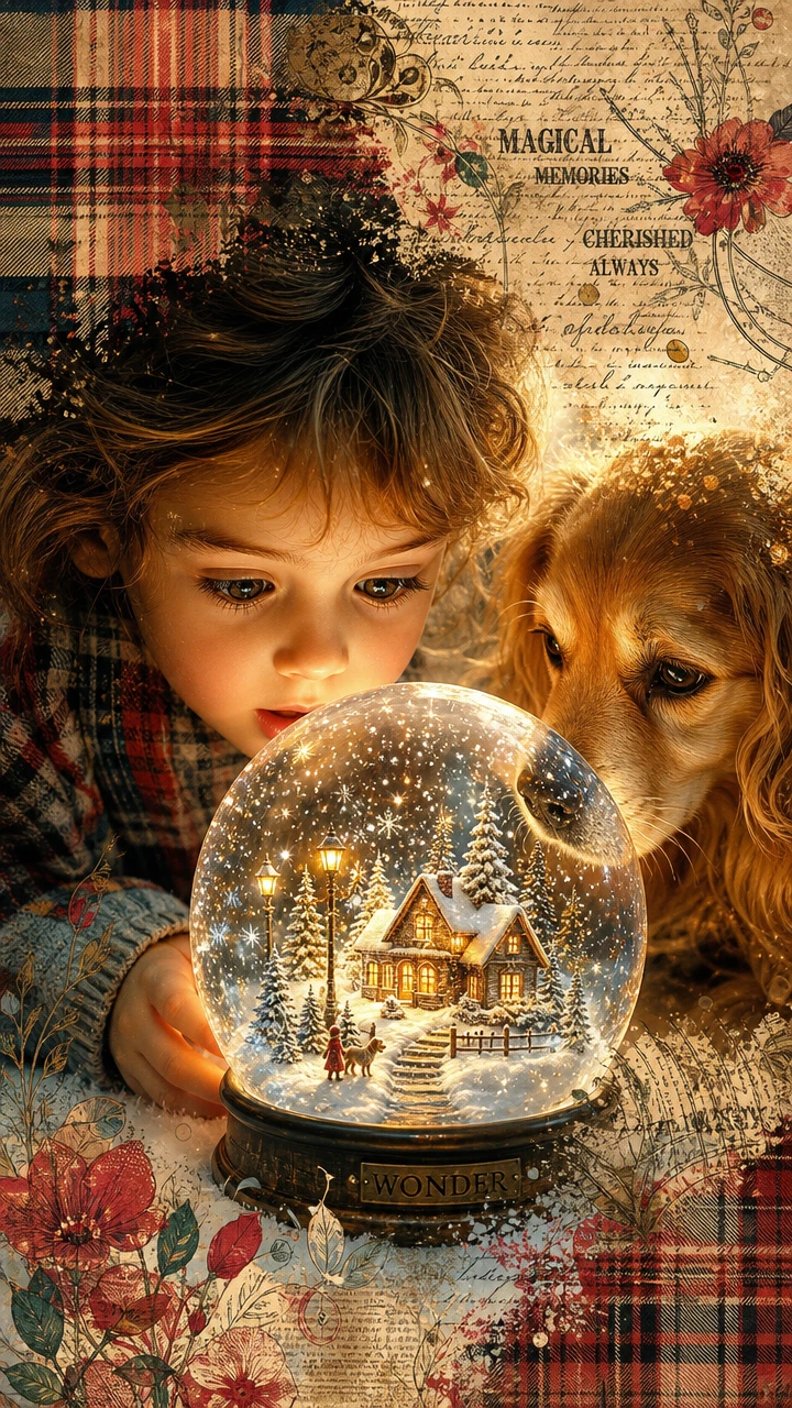 Criança e cachorro olhando para uma bola de neve mágica