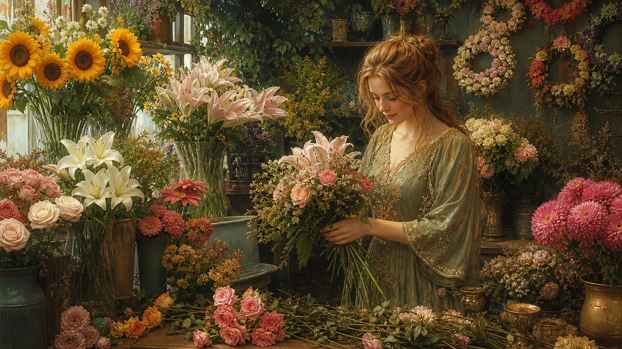 Florista criando um buquê em uma floricultura aconchegante