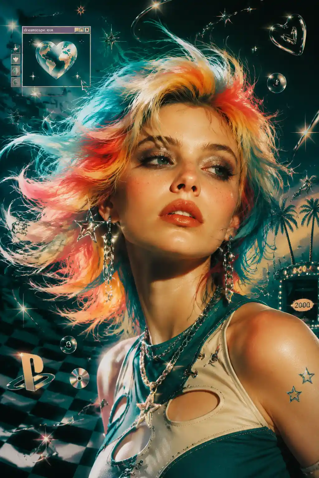 Surreal woman with vibrant multicolored avant garde hairstyle