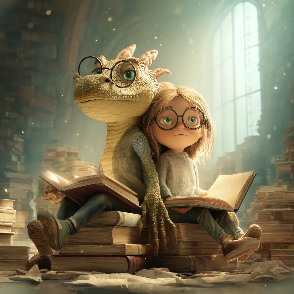Garota e jovem dragão lendo em enormes livros de histórias