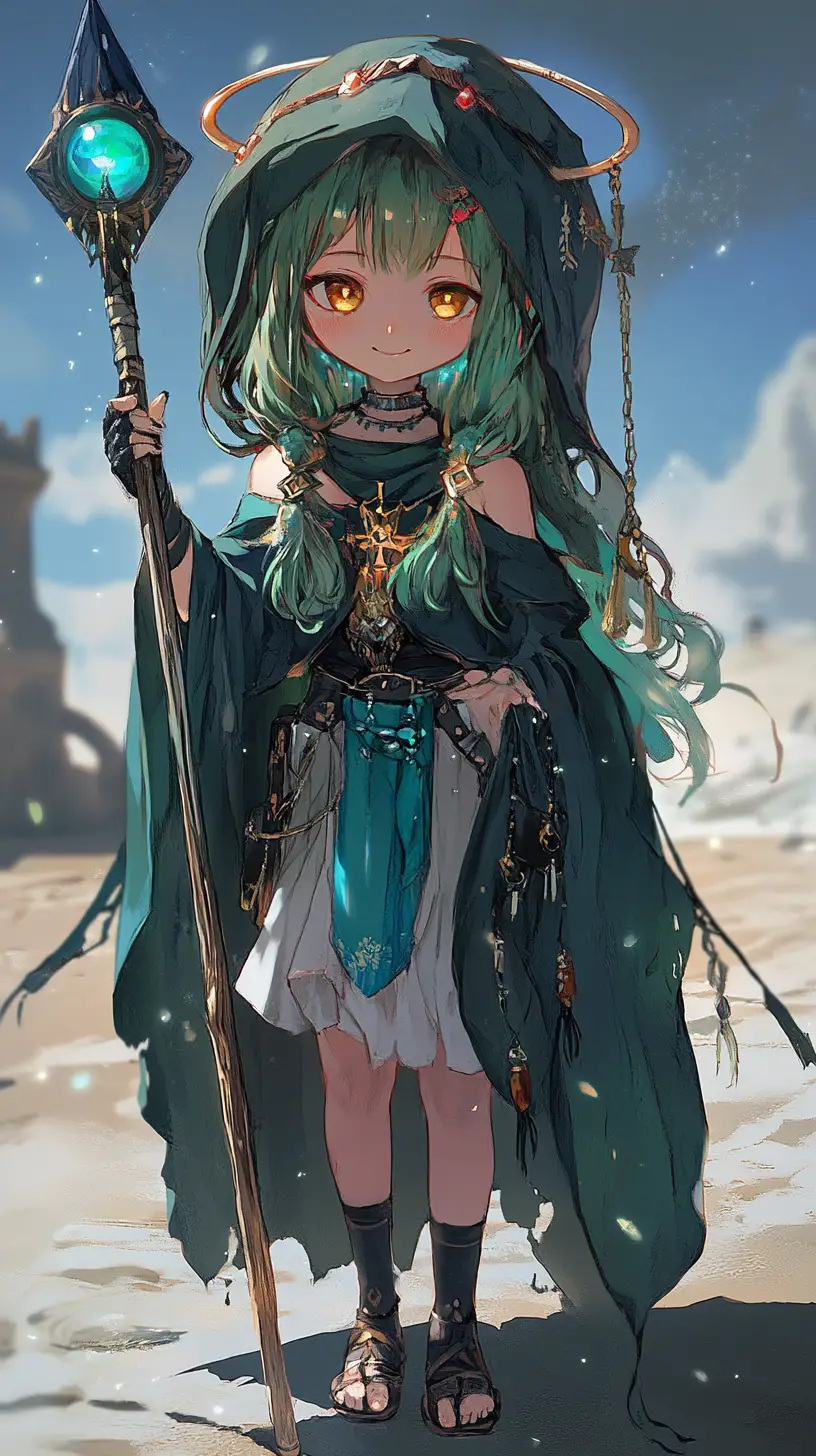 Garota anjo chibi com lança em cena de castelo no deserto