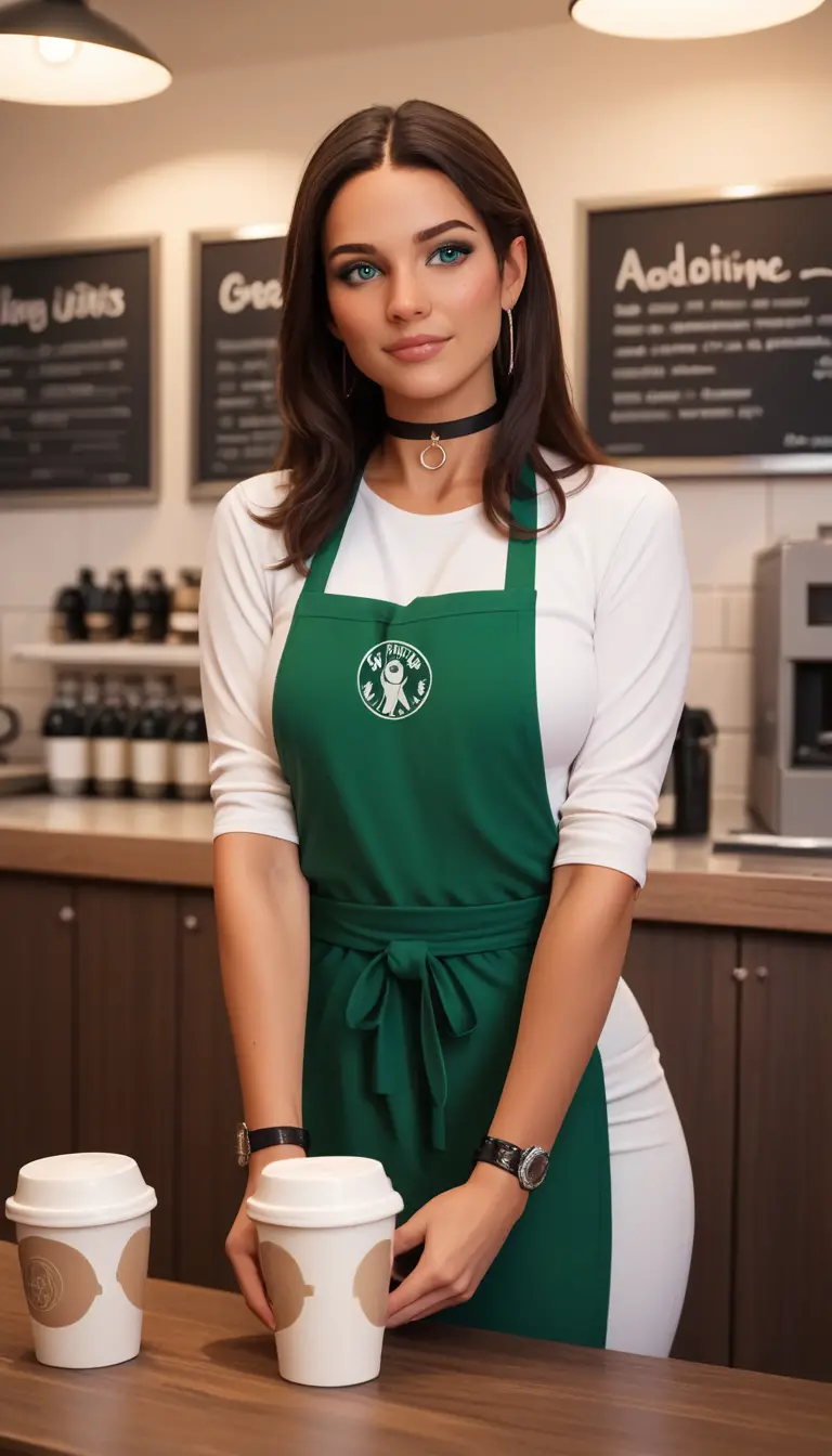 Braun gebräunte Brünet­te im Café mit Schürze