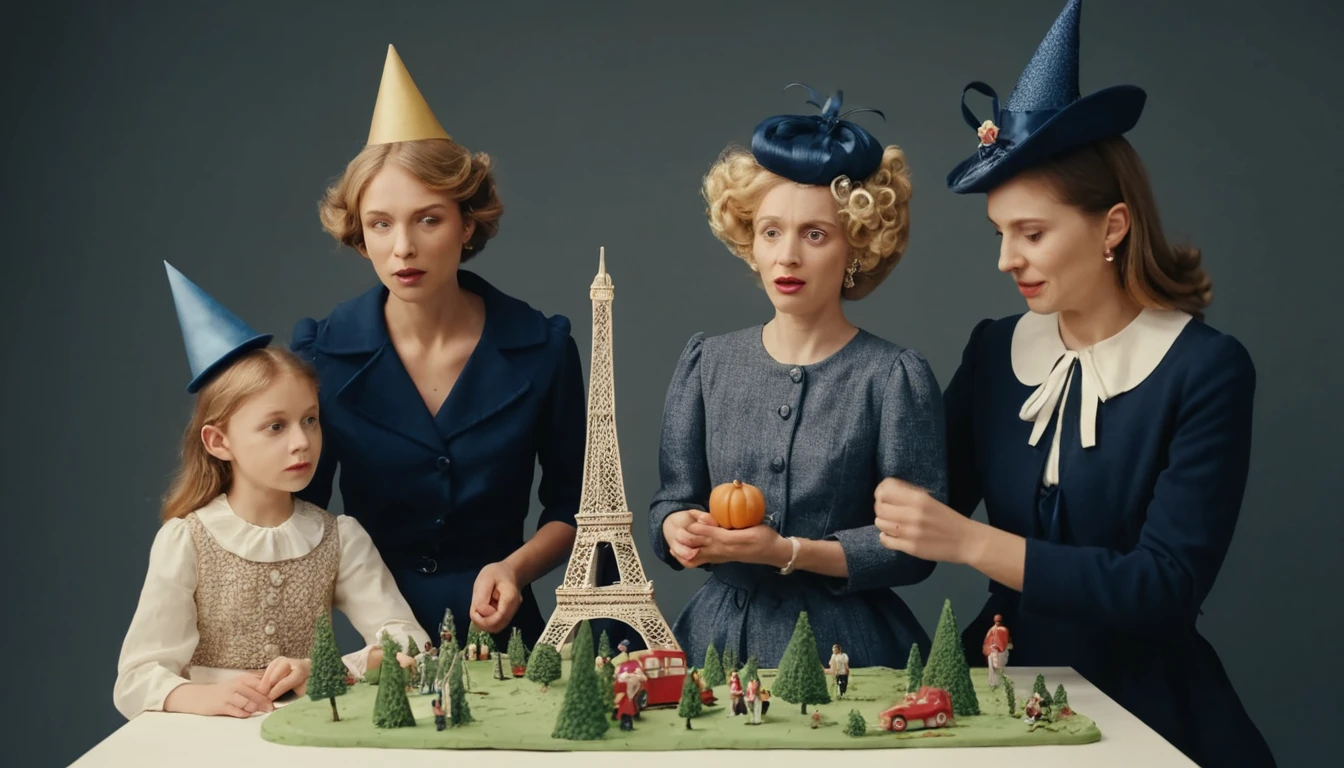 Família em claymation em um parque de diversões parisiense