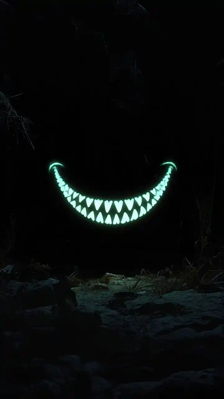 Floating fluorescent grin in a dark empty void