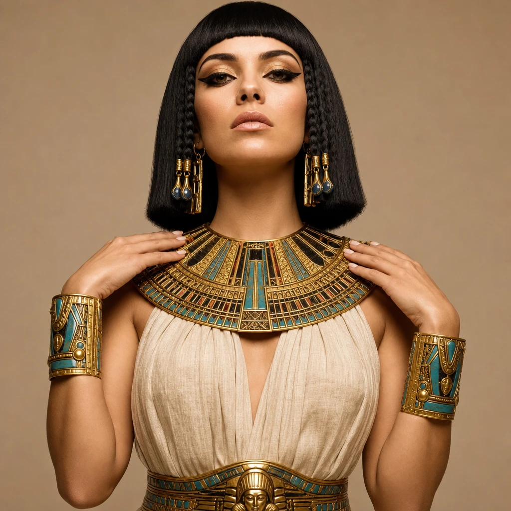Elegant Cleopatra inspired fashion portrait with gold jewelry