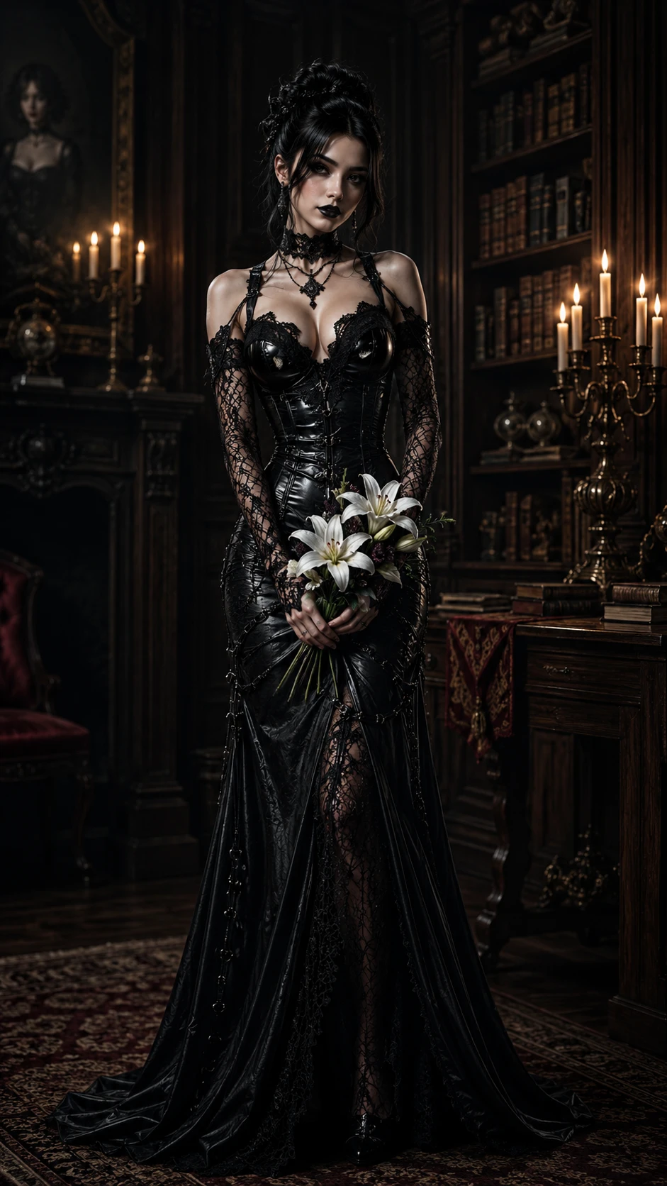 Mulher gótica elegante em vestido de couro com lírios brancos