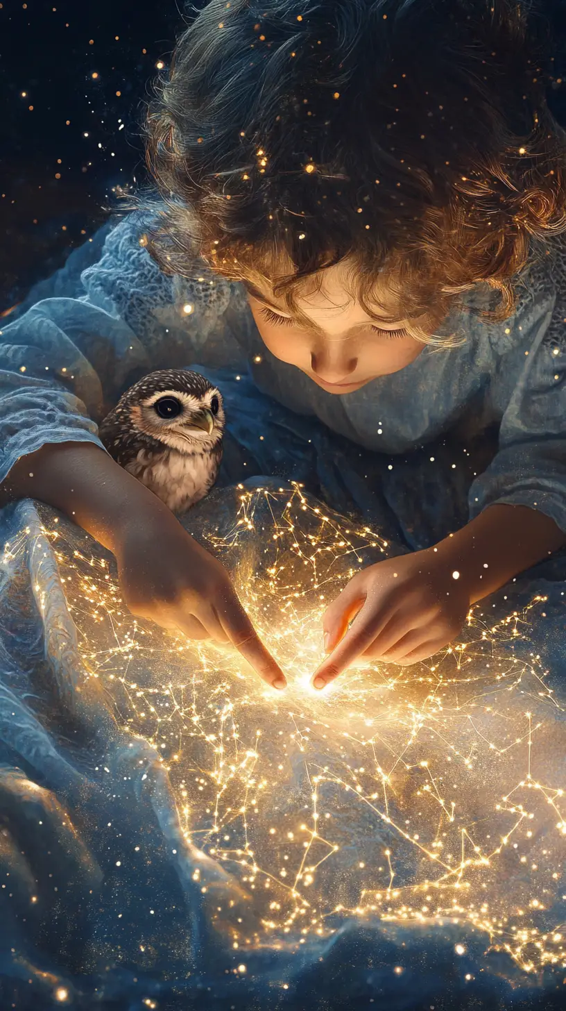 Boy studying a glowing celestial map with baby owl