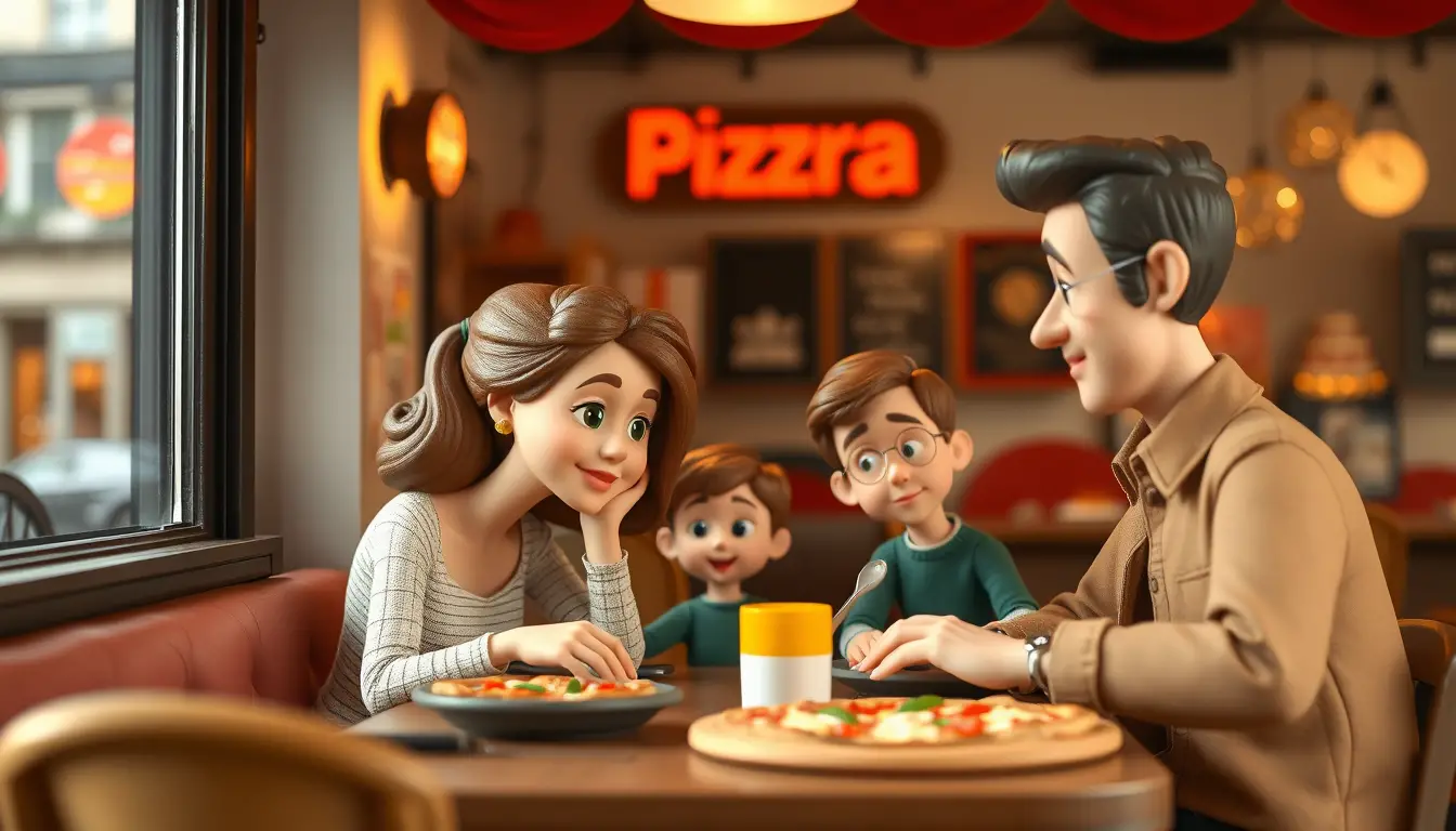 Famille en claymation partageant une pizza dans un restaurant cosy à Paris