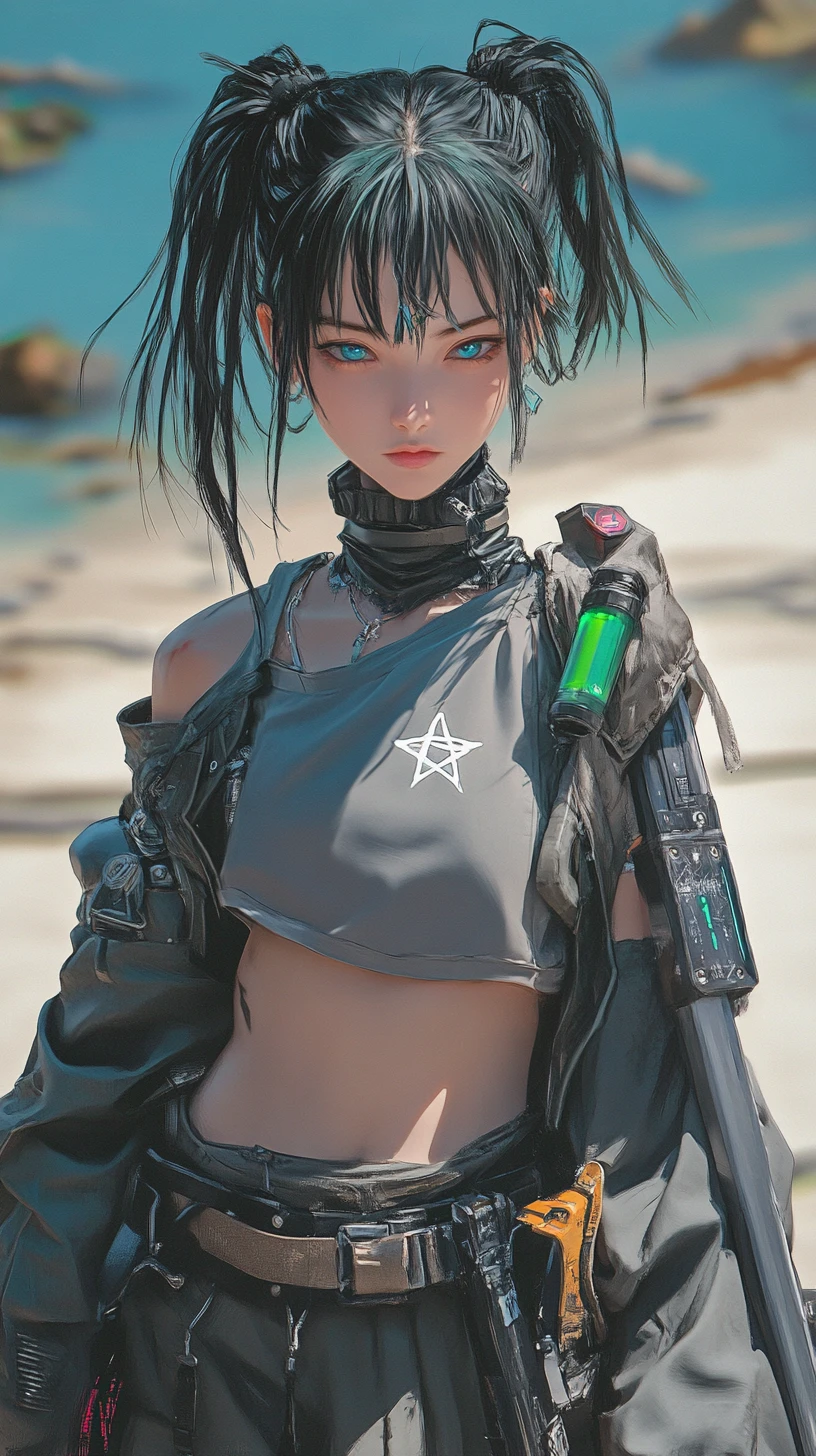 Ragazza anime con amuleto a stella in abito futuristico