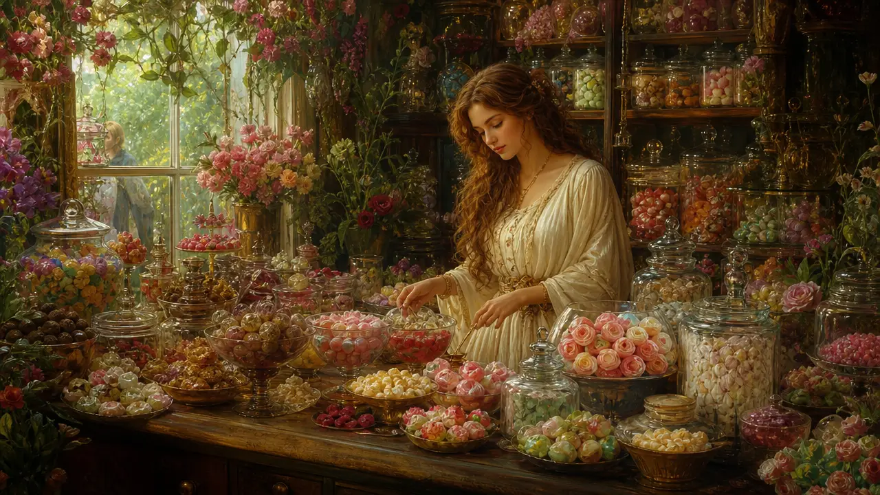 Elegante dependienta en una acogedora tienda de caramelos con flores