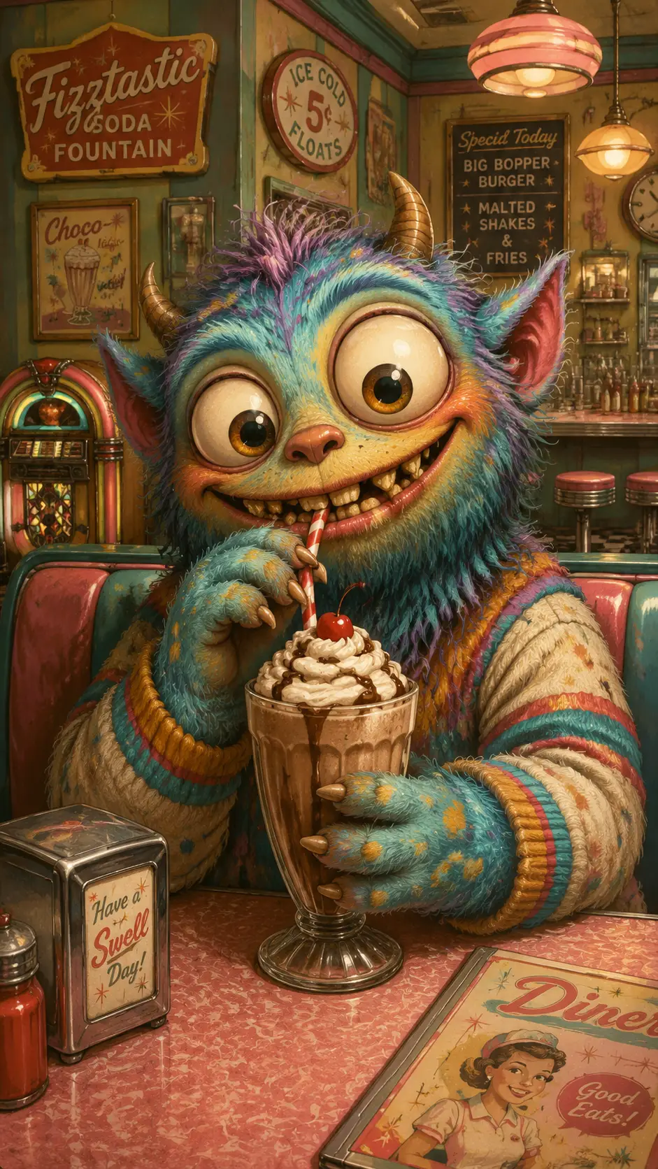 可愛幻想生物在復古餐廳啜飲奶昔