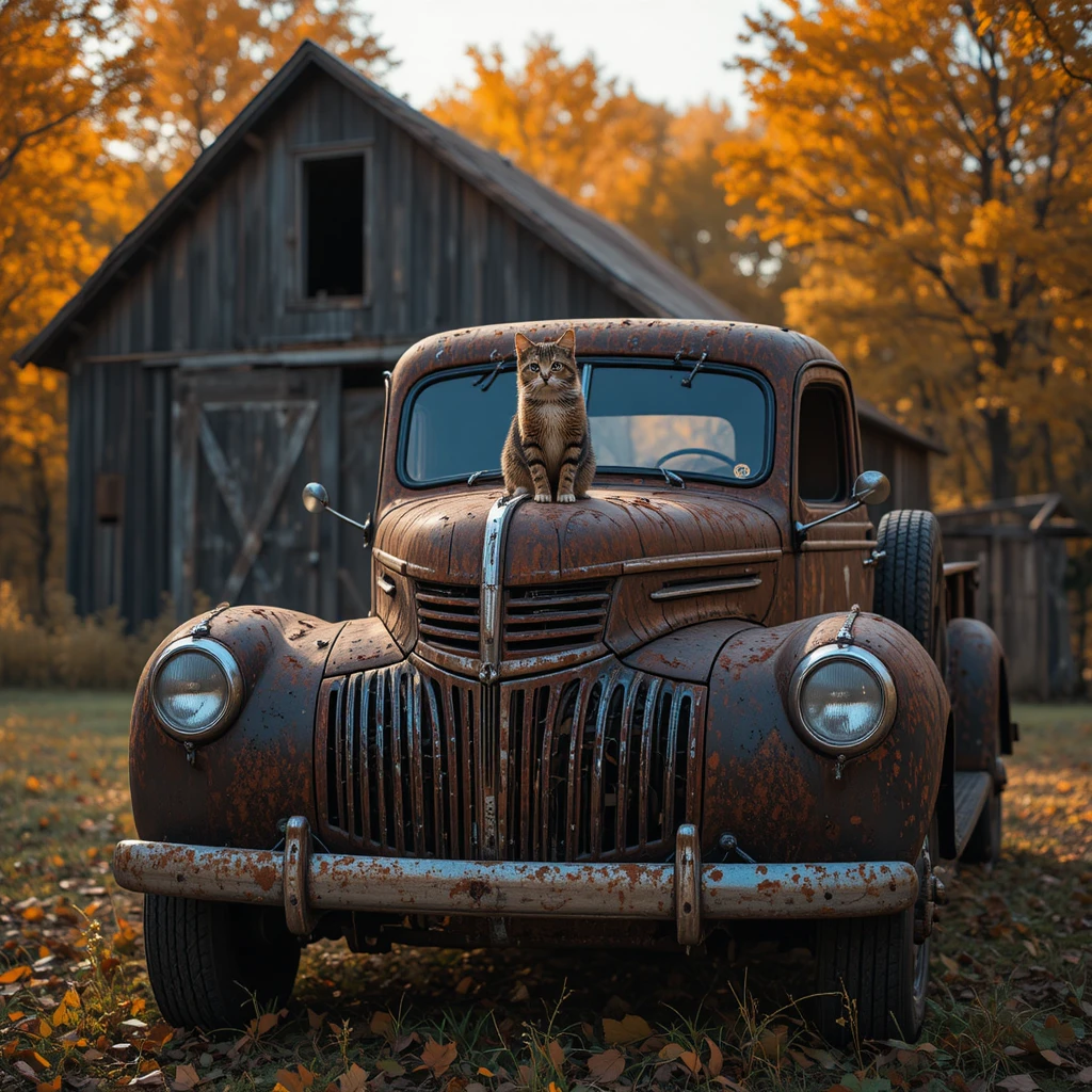 Camioneta pickup vintage oxidada con gato atigrado al atardecer