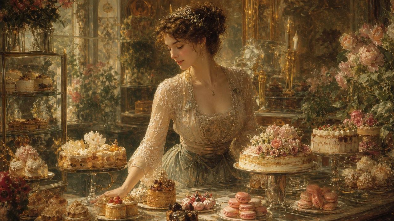 Cena de arte elegante e aconchegante de uma confeitaria com detalhes florais