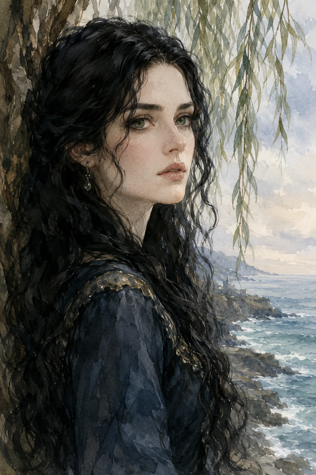Aquarell-Porträt einer ernsten Frau am Meer