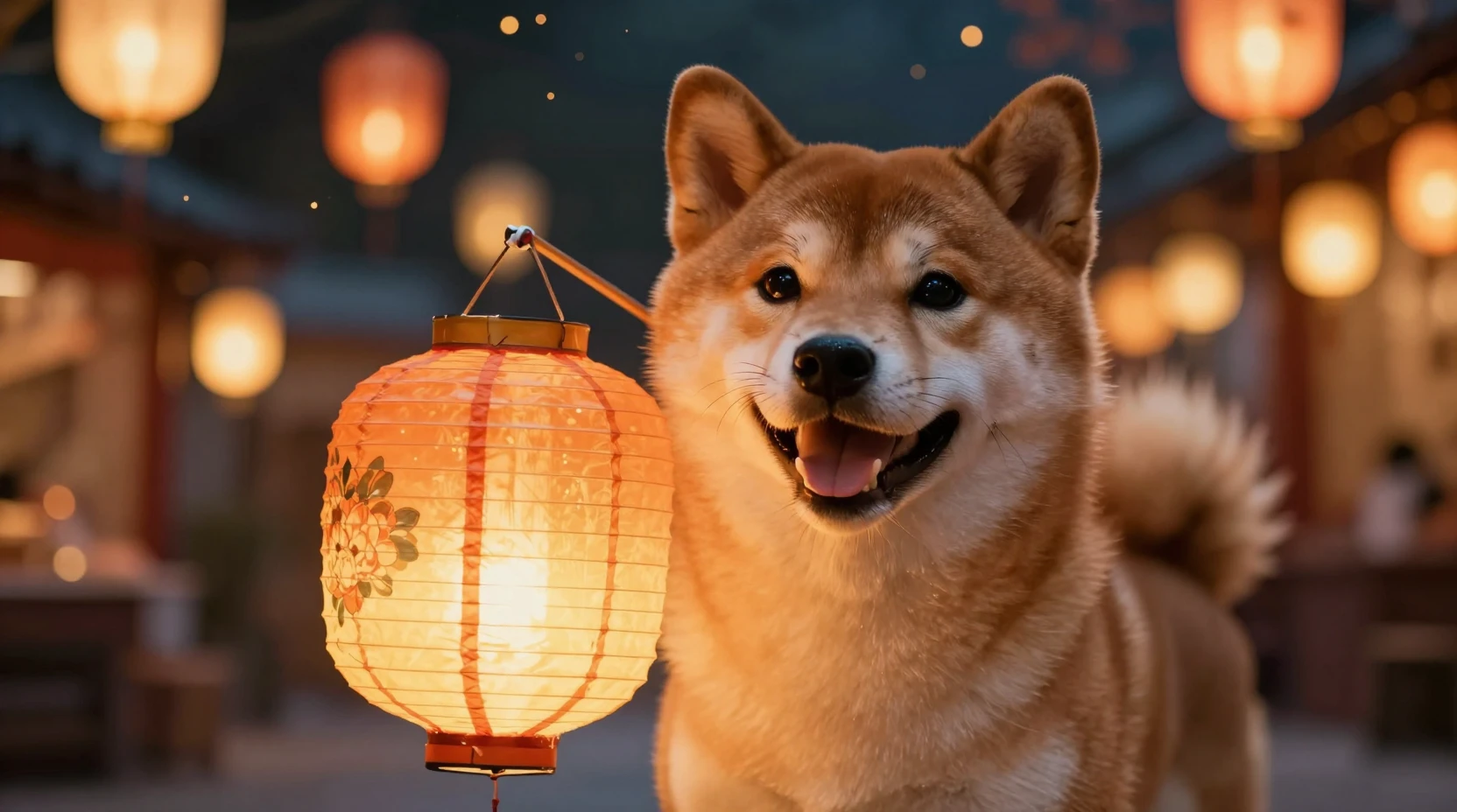夜市で灯籠をくわえた楽しげな柴犬