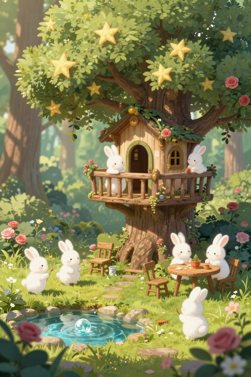 Floresta de Casa na Árvore com Coelhos Cartunescos Brincalhões