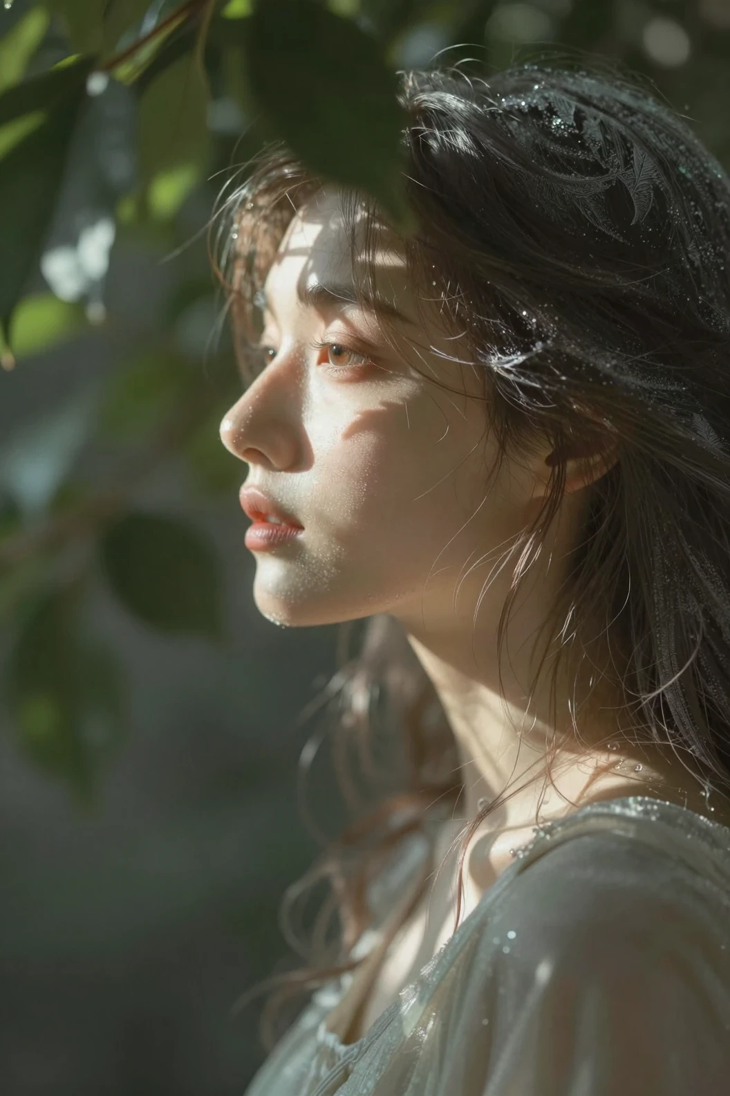 Mulher de perfil com luz solar filtrada pelas folhas