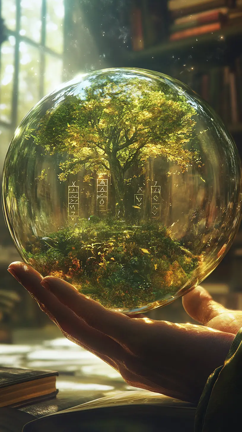 Wizard studying runes on a glowing forest sphere