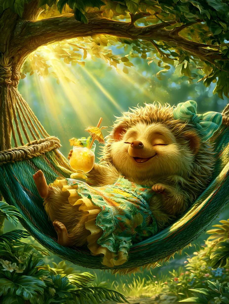 Adorable hérissonne se relaxant dans un hamac avec un cocktail