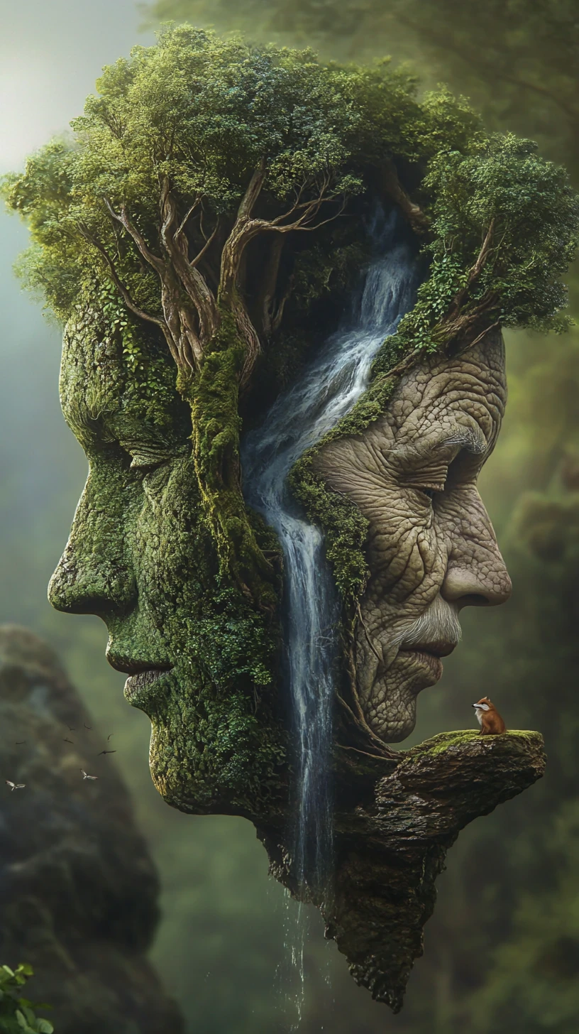 Floresta encantada formando dois perfis humanos entrelaçados