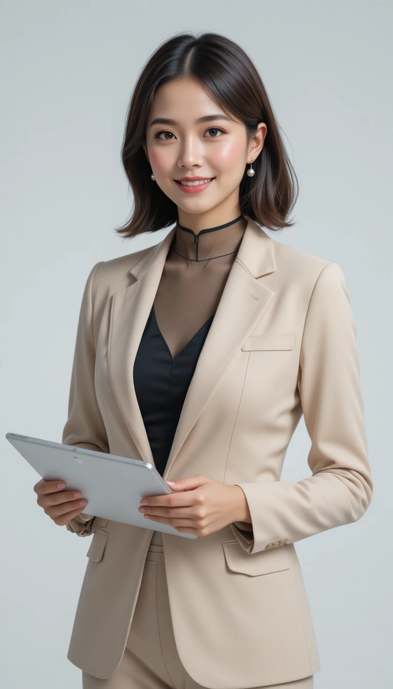 Mulher de negócios japonesa confiante com tablet em fundo branco