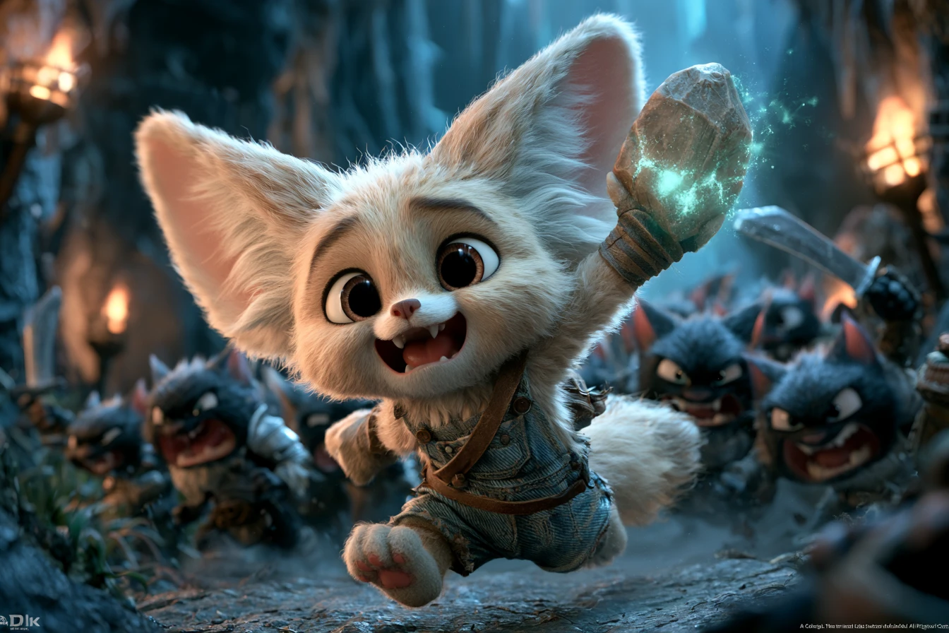 Fennec-raposa fofa correndo por uma caverna escura iluminada por tochas
