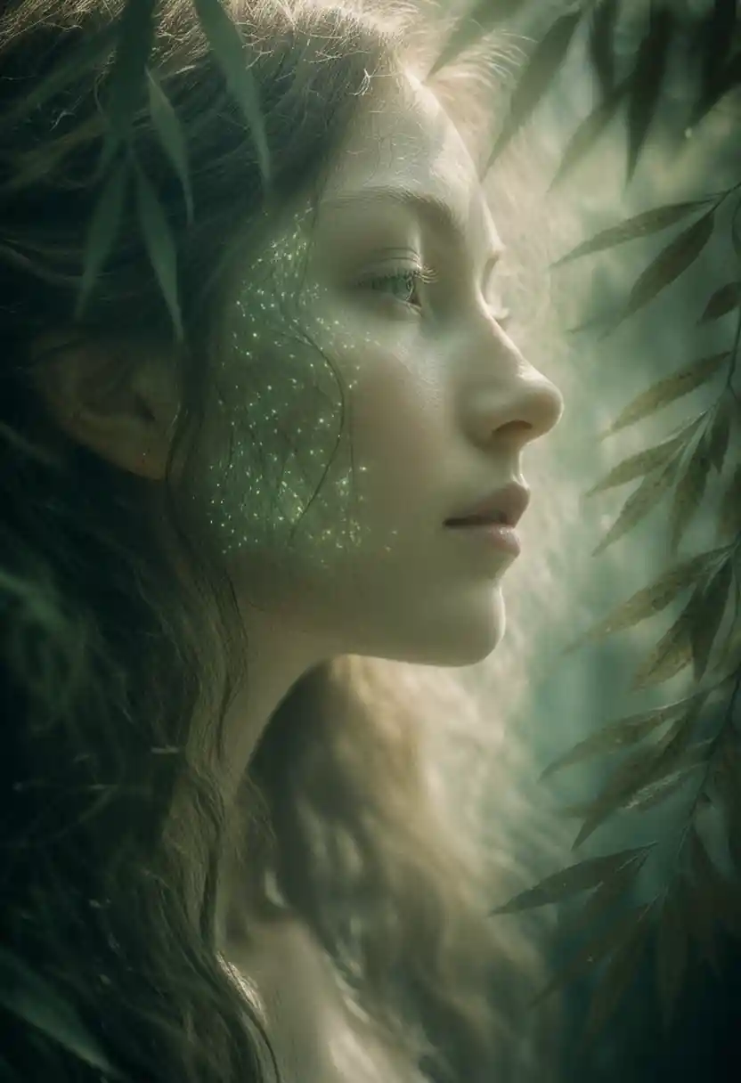 Melancholic female profile in dappled forest sunlight