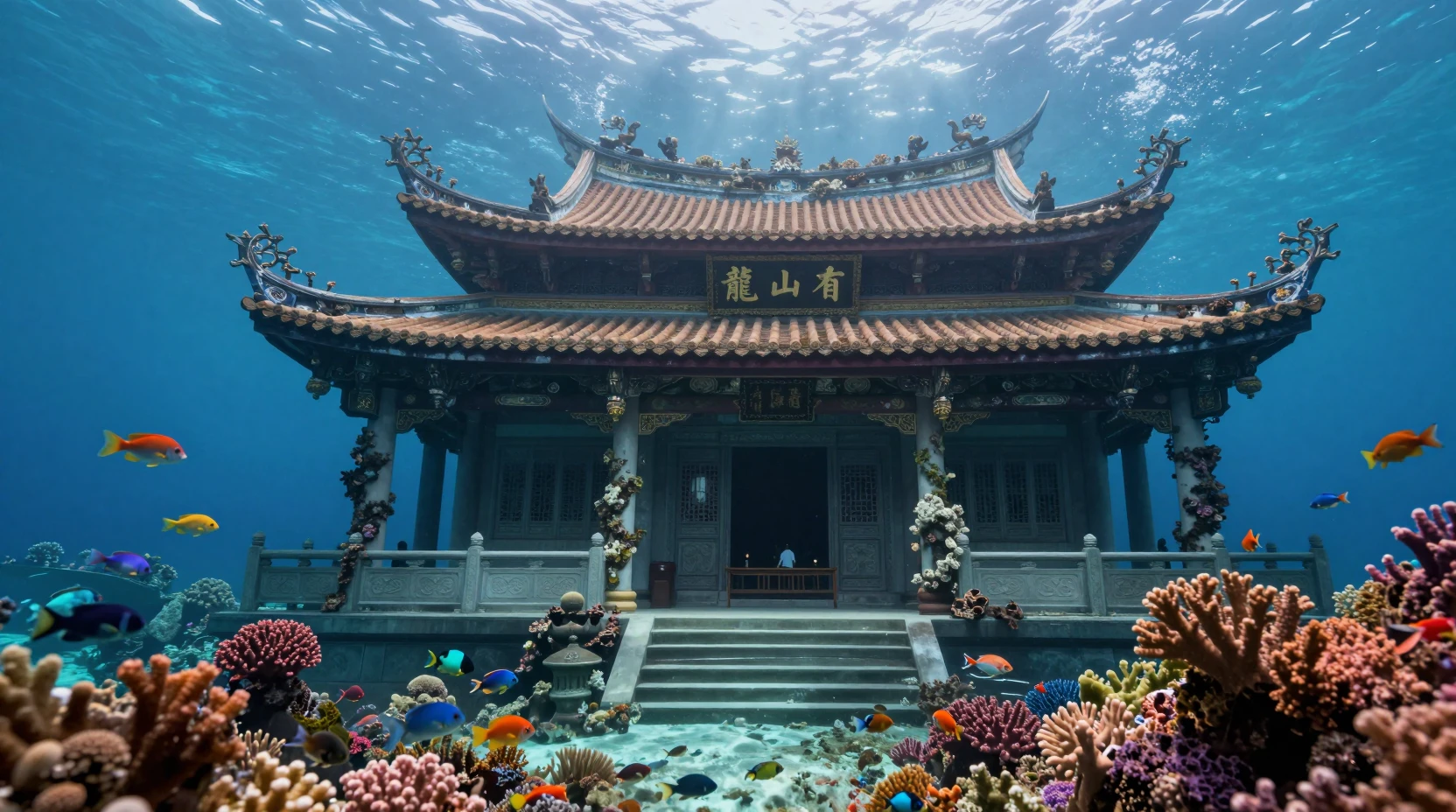 Unterwasseransicht des Longshan-Tempels in einem Korallenriff