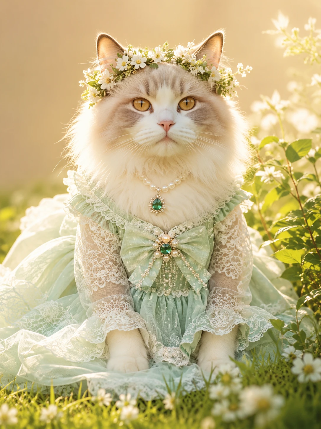 Gata ragdoll majestosa com vestido de princesa verde-menta no prado
