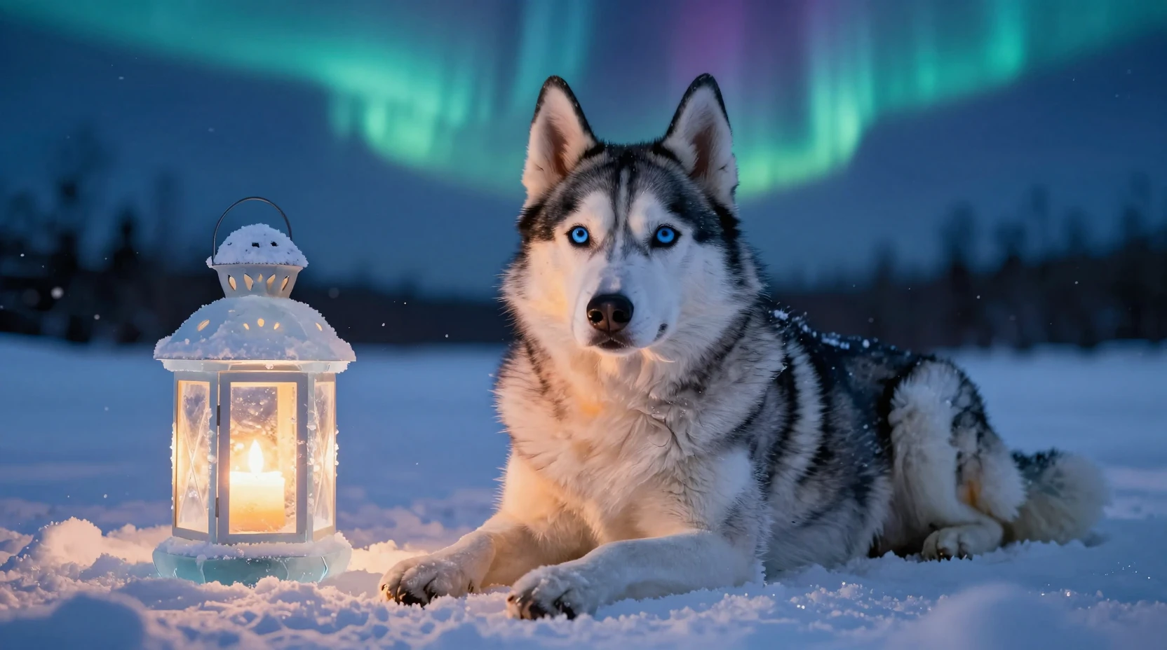 Husky aux yeux bleus se reposant près d’une lanterne de glace lumineuse
