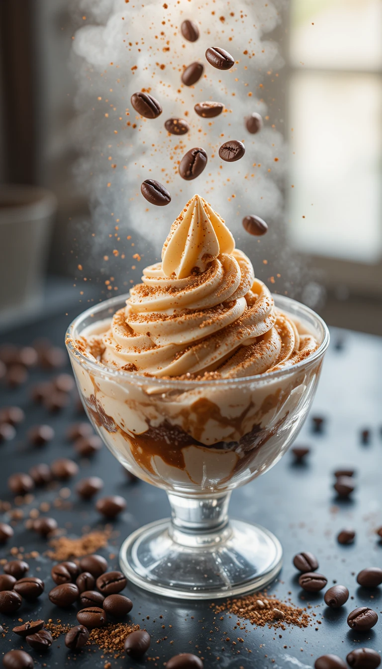 Kaffee-Gelato in einer Glasschale mit schwebenden Kaffeebohnen