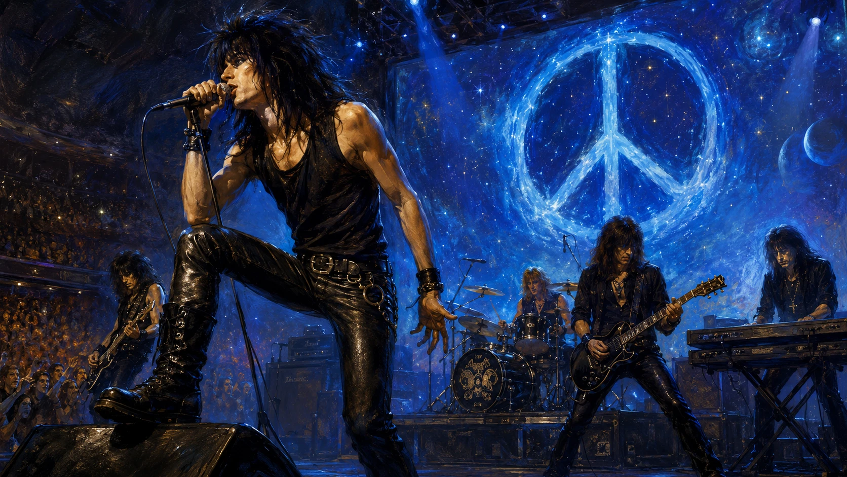 Rocksänger, der auf der Bühne in einer vollen Konzerthalle auftritt