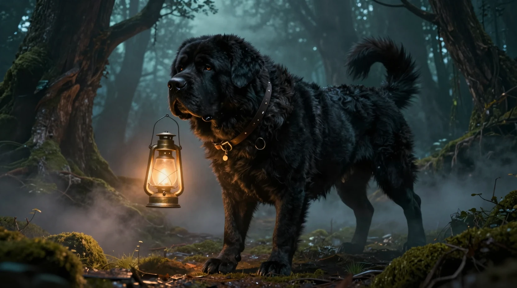 Mastim preto majestoso com lanterna em floresta mística à noite