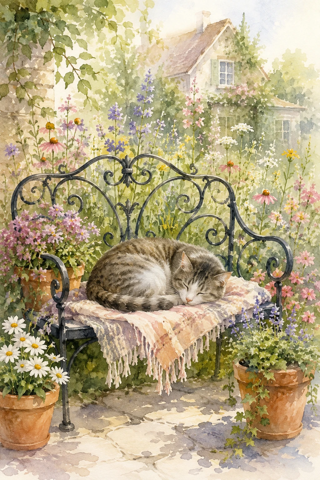 Aquarell-Katze schläft auf einer Gartenbank mit Blumen