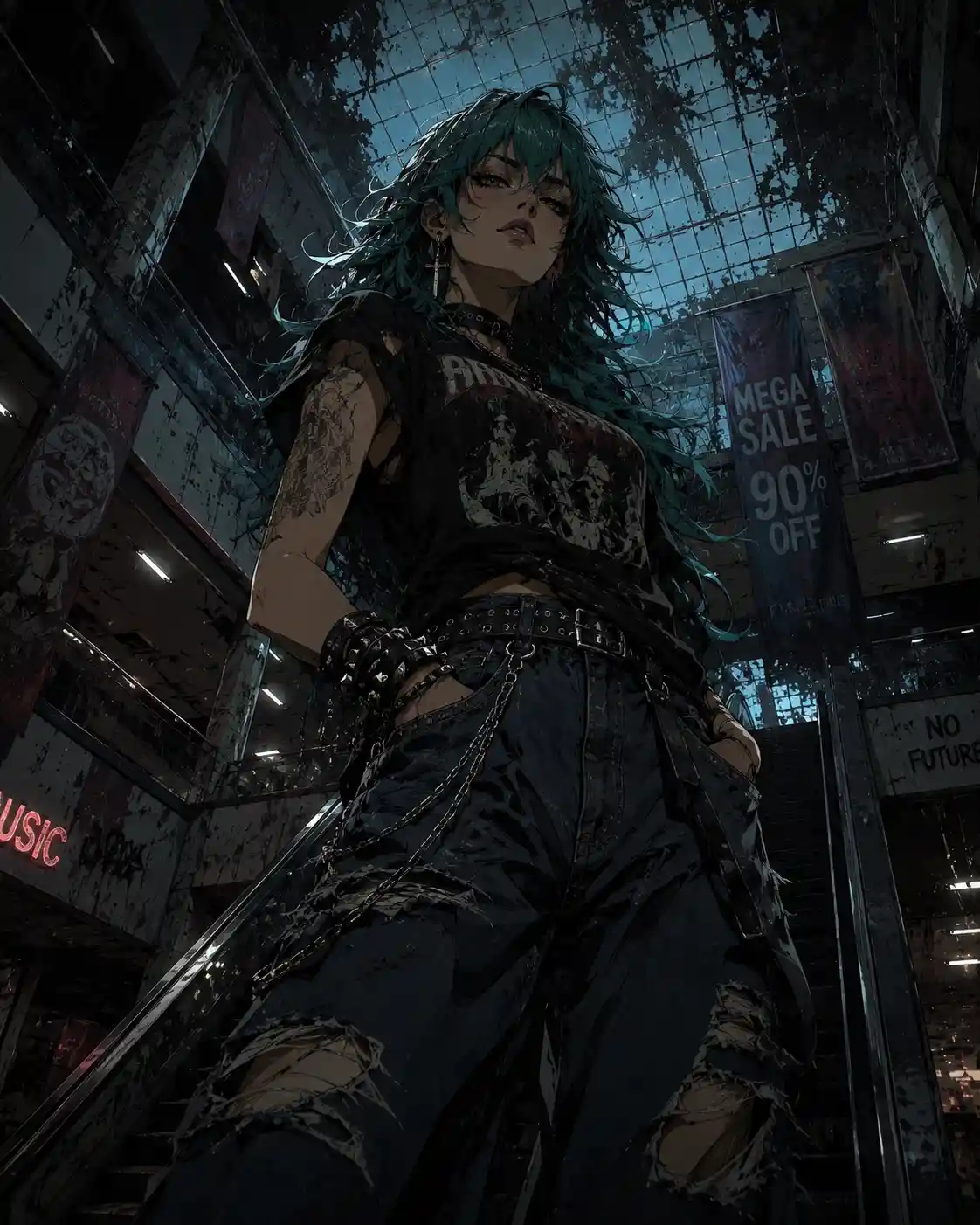 Teal haired punk woman in an abandoned mall