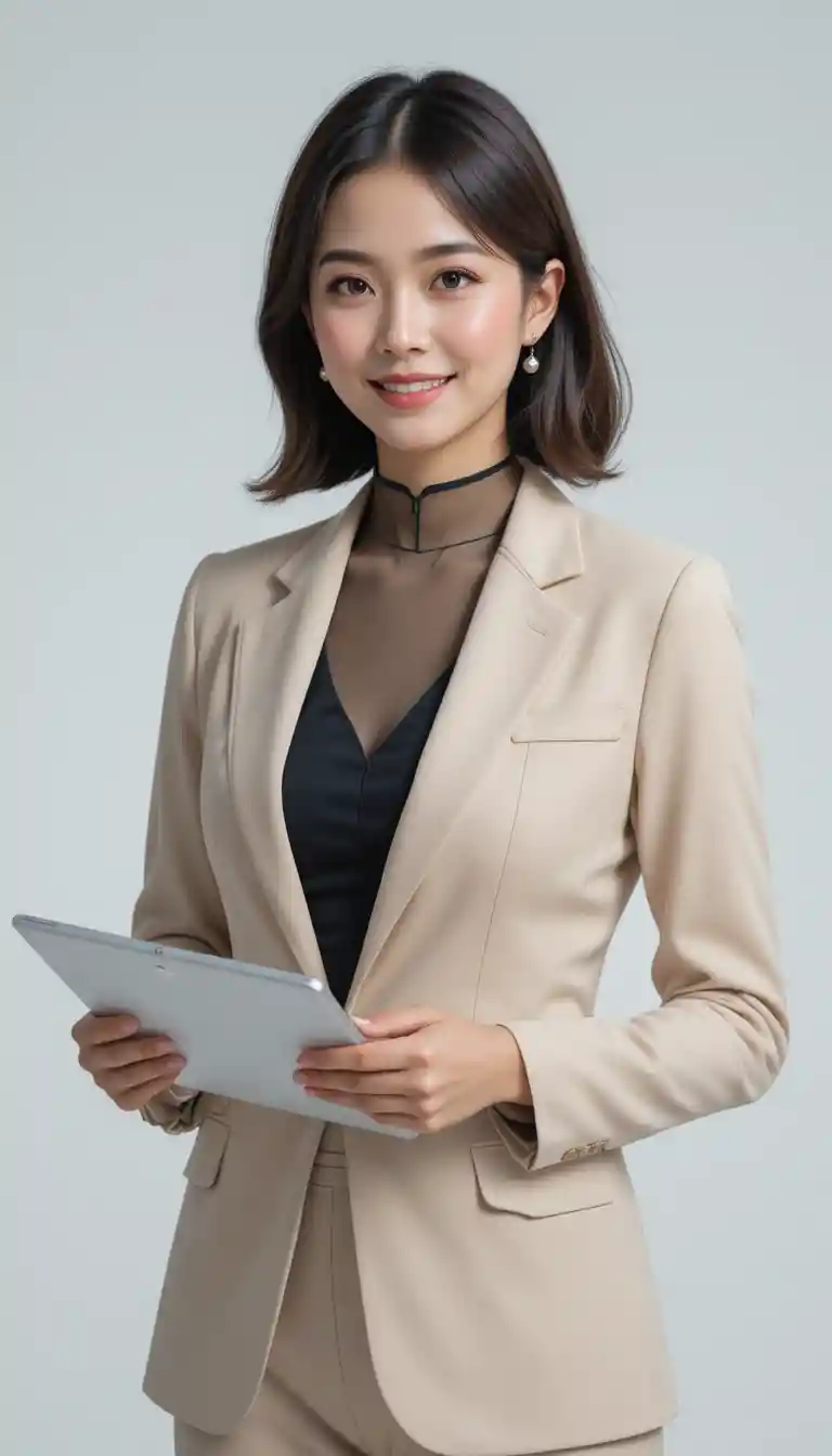 Mulher de negócios japonesa confiante com tablet em fundo branco