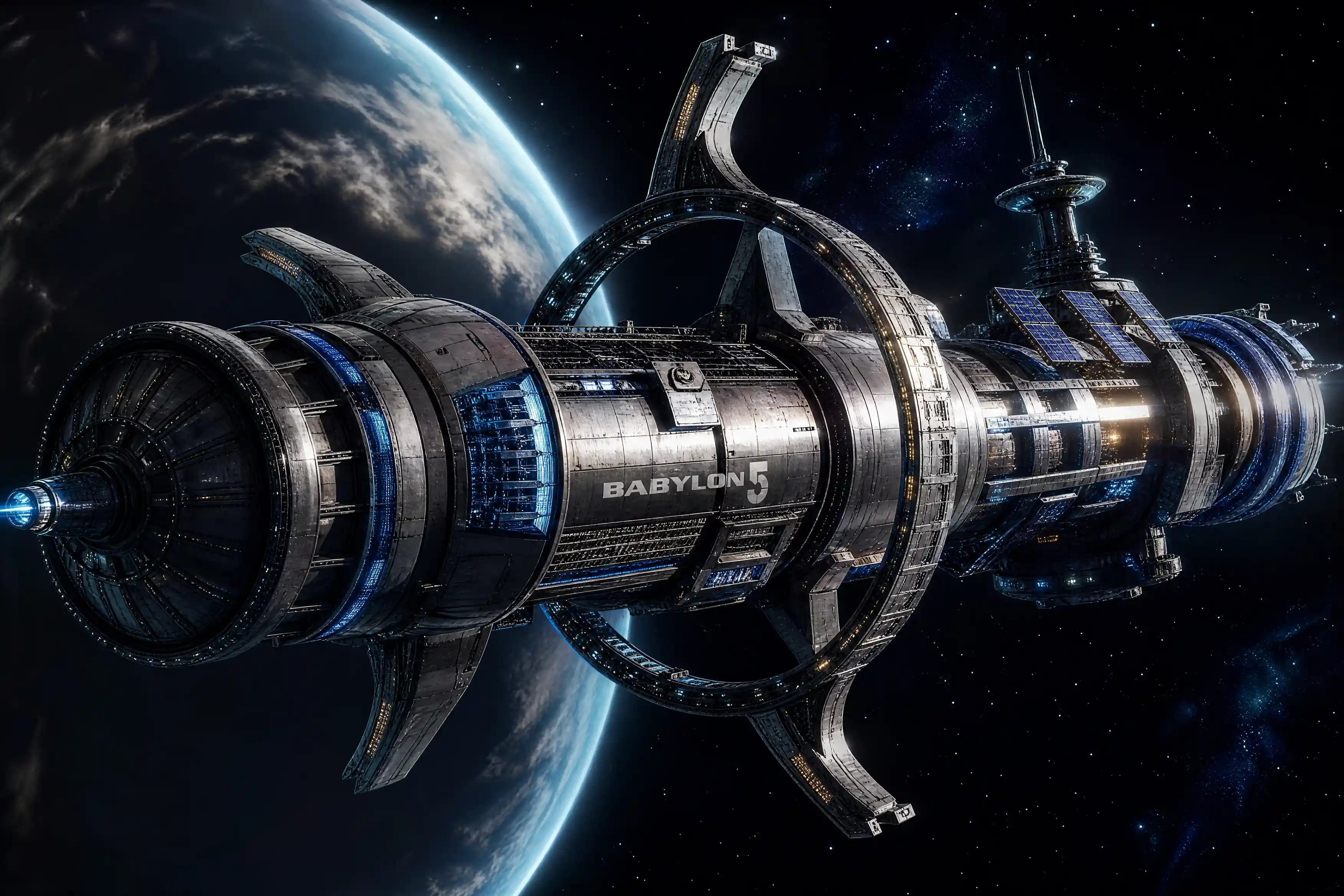 Epic digital painting of a hyper realistic space station